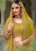 Lemon Yellow Color Butterfly Net Fabric Embroidery Work Bridal Lehenga