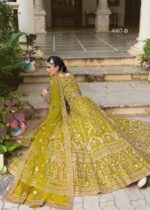 Lemon Yellow Color Butterfly Net Fabric Embroidery Work Bridal Lehenga