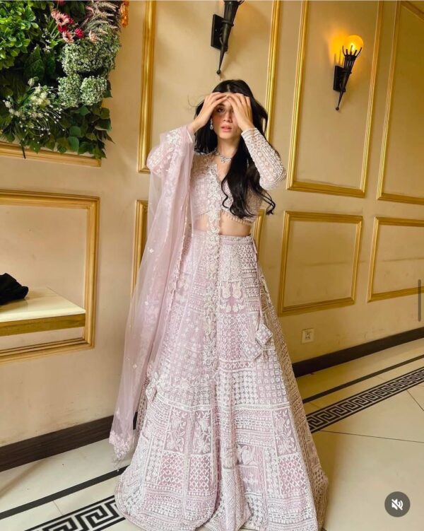 Light Purple Color Soft Butterfly Net Fabric Resham Work Lehenga