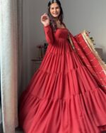Maroon Color Faux Georgette Fabric Ruffle Style Anarkali Suit