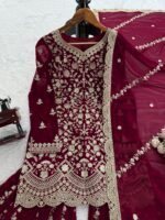 Maroon Color Faux Georgette Fabric Sequence Work Sharara Set