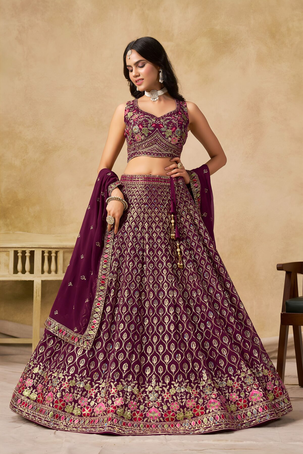 Maroon Color Georgette Fabric Sequence Embroidery Work Lehenga