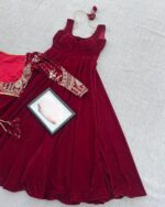 Maroon Color Velvet Fabric Sequence Work Koti Style Suit