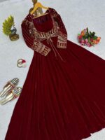 Maroon Color Velvet Fabric Sequence Work Koti Style Suit