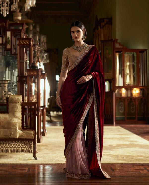 Maroon Color Velvet With Net Fabric Sequence Work Saree