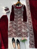 Maroon Color Viscose Velvet Fabric Chain Stitch Work Suit