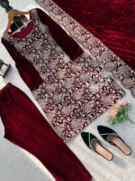 Maroon Color Viscose Velvet Fabric Chain Stitch Work Suit