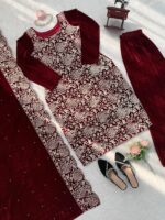 Maroon Color Viscose Velvet Fabric Chain Stitch Work Suit