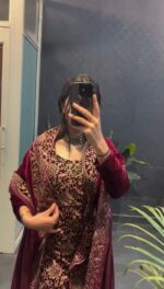 Maroon Color Viscose Velvet Fabric Chain Stitch Work Suit