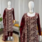 Maroon Color Viscose Velvet Fabric Chain Stitch Work Suit