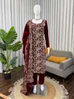 Maroon Color Viscose Velvet Fabric Chain Stitch Work Suit