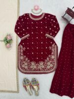 Maroon Color Viscose Velvet Fabric Pearl Work Palazzo Suit