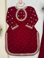 Maroon Color Viscose Velvet Fabric Pearl Work Palazzo Suit