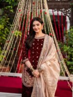 Maroon Color Viscose Velvet Fabric Pearl Work Palazzo Suit