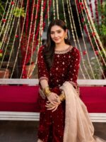 Maroon Color Viscose Velvet Fabric Pearl Work Palazzo Suit