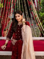 Maroon Color Viscose Velvet Fabric Pearl Work Palazzo Suit