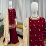 Maroon Color Viscose Velvet Fabric Pearl Work Palazzo Suit