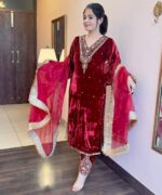 Maroon Color Viscose Velvet Fabric Sequence Work Suit