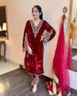 Maroon Color Viscose Velvet Fabric Sequence Work Suit