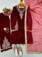 Maroon Color Viscose Velvet Fabric Sequence Work Suit