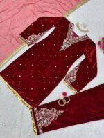 Maroon Color Viscose Velvet Fabric Sequence Work Suit