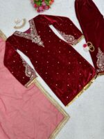 Maroon Color Viscose Velvet Fabric Sequence Work Suit
