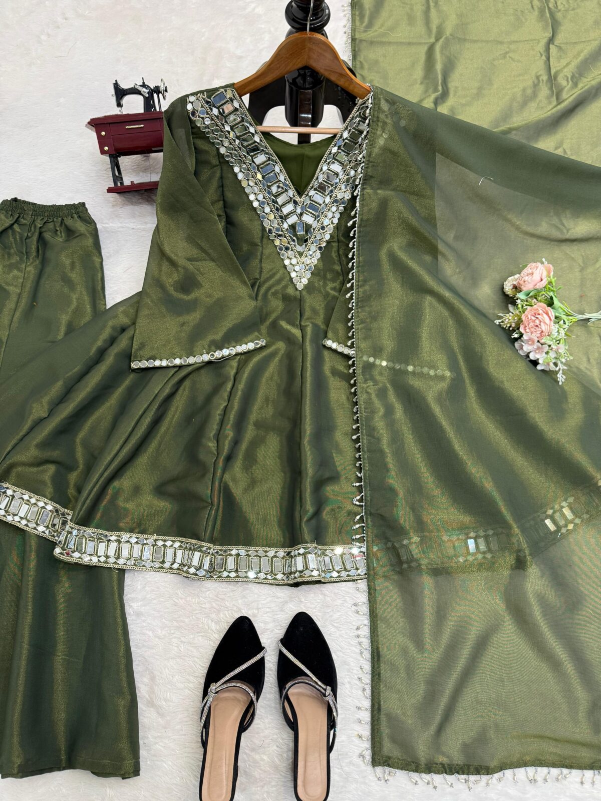 Mehandi Color Cosmos Fabric Real Mirror Work Palazzo Set