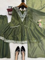 Mehandi Color Cosmos Fabric Real Mirror Work Palazzo Set