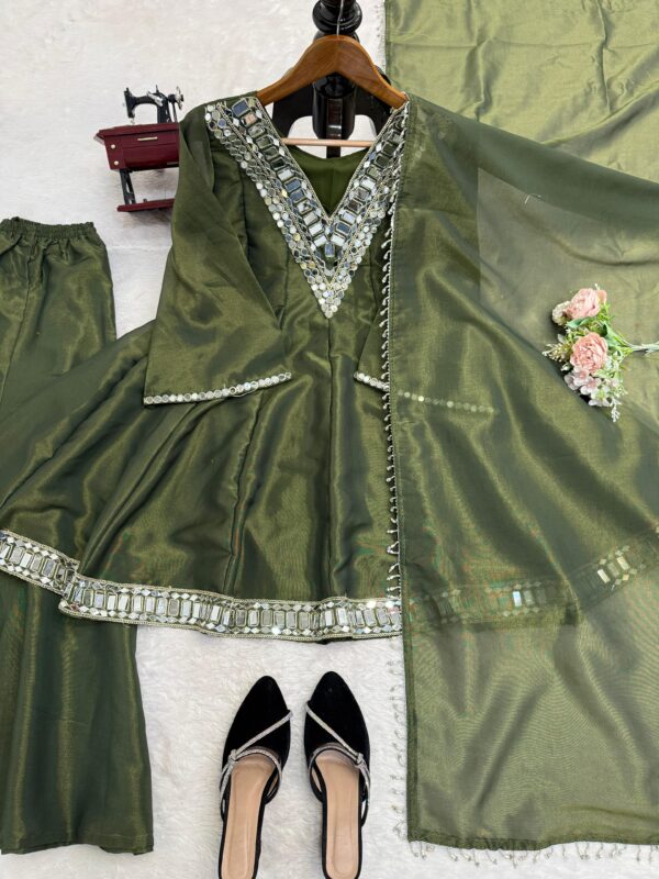 Mehandi Color Cosmos Fabric Real Mirror Work Palazzo Set