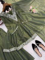 Mehandi Color Cosmos Fabric Real Mirror Work Palazzo Set