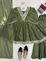 Mehandi Color Cosmos Fabric Real Mirror Work Palazzo Set