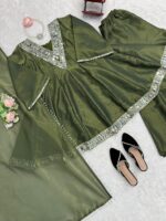 Mehandi Color Cosmos Fabric Real Mirror Work Palazzo Set