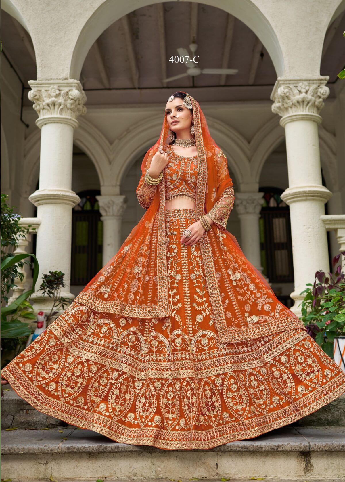 Orange Color Butterfly Net Fabric Embroidery Work Bridal Lehenga