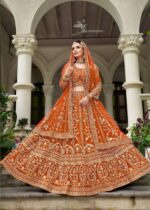 Orange Color Butterfly Net Fabric Embroidery Work Bridal Lehenga