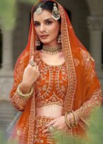 Orange Color Butterfly Net Fabric Embroidery Work Bridal Lehenga