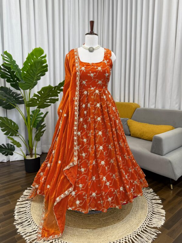 Orange Color Fendi Silk Fabric Sequence Work Anarkali Suit