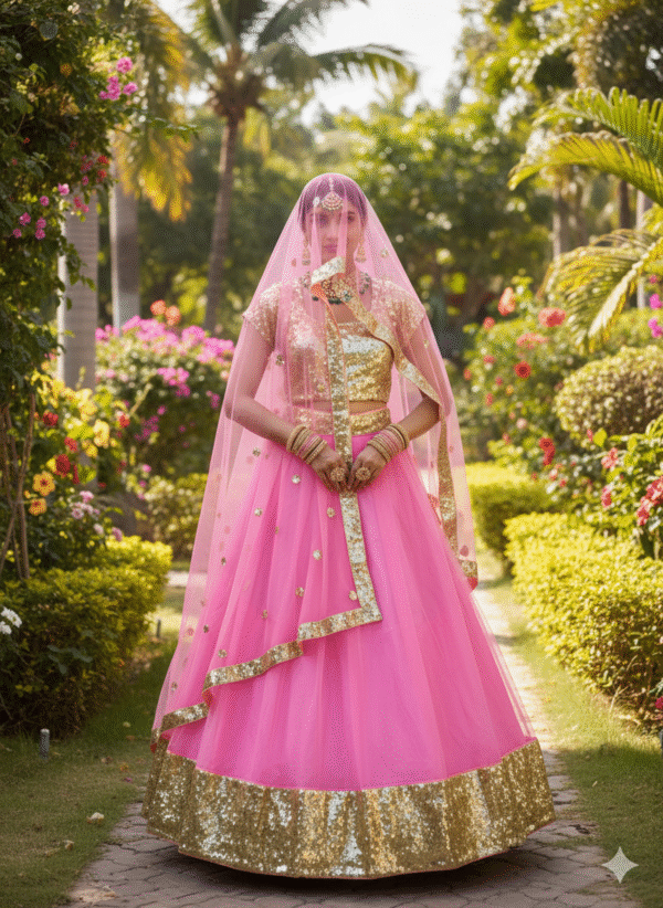 Pink Color Heavy Butterfly Net Fabric Sequence Work Lehenga