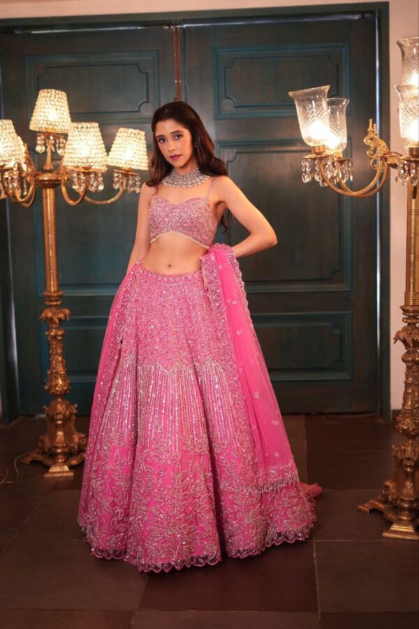 Pink Color Net Fabric Sequence Work Lehenga