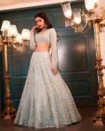 Pista Color Butterfly Soft Net Fabric Sequence Work Lehenga