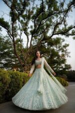 Pista Color Butterfly Soft Net Fabric Sequence Work Lehenga