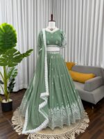 Pista Color Faux Georgette Fabric Sequence Work Lehenga