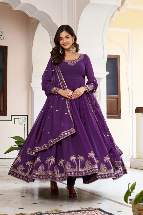 Purple Color Faux Georgette Fabric Sequence Work Gown