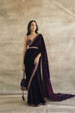 Purple Color Velvet Fabric With Sequence Work Saree