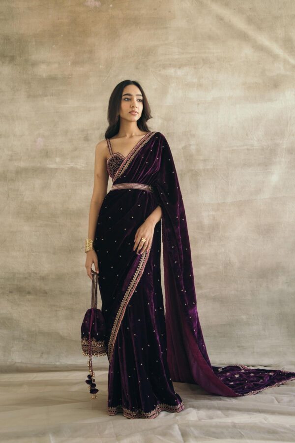 Purple Color Velvet Fabric With Sequence Work Saree
