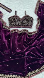 Purple Color Velvet Fabric With Sequence Work Saree