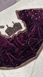 Purple Color Velvet Fabric With Sequence Work Saree