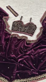 Purple Color Velvet Fabric With Sequence Work Saree