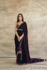 Purple Color Velvet Fabric With Sequence Work Saree