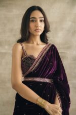 Purple Color Velvet Fabric With Sequence Work Saree