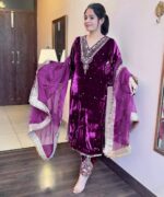 Purple Color Viscose Velvet Fabric Sequence Work Suit